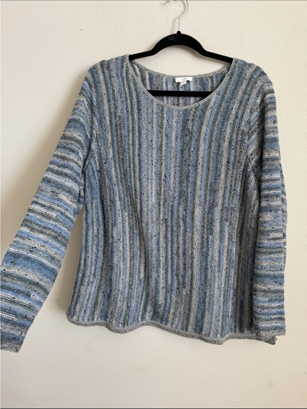 J Jill Boho Blue Gray Striped Summer Knit Cotton Crew Neck Sweater Size XL